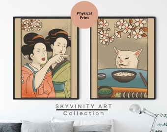 Japanese Woman Yells At Cat 2 Piece Wall Art Set Canvas | Unique and Funny | Perfect Gift Meme and Art Fans, Framed Hilarious Decor Japanese
