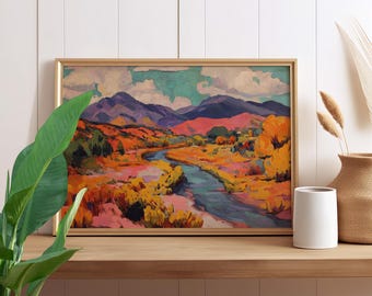 Arizona Desert River Landscape Oil Painting Poster or Canvas Print, Rio Grande Big Bend Art Print, Southwest Mountains Vintage Travel Poster