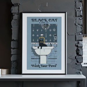 Funny Black Cat Wash Your Paws Poster Bathroom Sign Poster or Canvas Print, Retro Abstract Poster, Cat Vintage Restroom Animal Home Decor