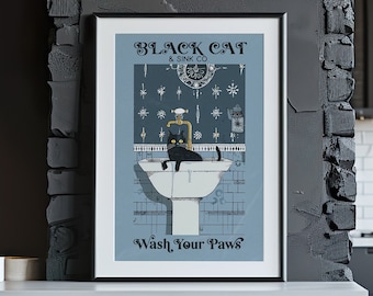 Funny Black Cat Wash Your Paws Poster Bathroom Sign Poster or Canvas Print, Retro Abstract Poster, Cat Vintage Restroom Animal Home Decor