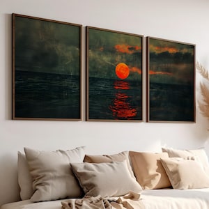 Sunset Panoramic Scene Dark Painting 3 Piece Set Moodie Art Poster or Canvas Print, Emerald Green Seascape Wall Art Horizontal Vintage Style