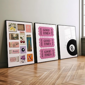 Retro Trendy Prints Set of 3 Wall Art Poster or Canvas, Vintage Matchbox and Tickets Wall Art, 8 Ball Lucky Girl Print Retro Wall Art Set