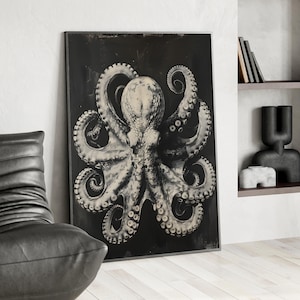 Octopus Monochrome Charcoal Art Print or Canvas, Nautical Decor Sea Life Art Animal, Kraken Deepsea Bathroom Poster, Vintage Ocean Creature