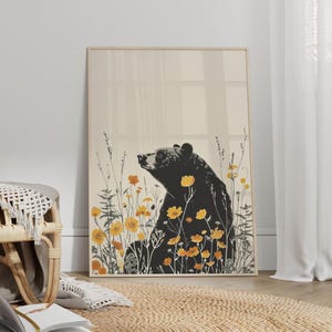 Black Bear with Wildflowers Portrait Poster or Canvas Print, Wildflower Field Wall Art, Bear and Yellow Flowers Nature Boho Wall Decor