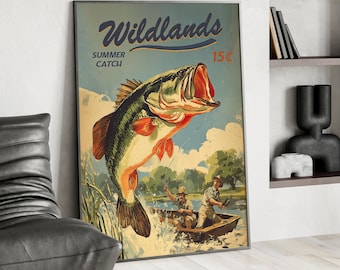 Fishing and Hunting Retro Wall Art Poster or Canvas Print, Fisherman Gift, Wildlife Art Print, Lake House Wall Decor, Outdoorsman Poster
