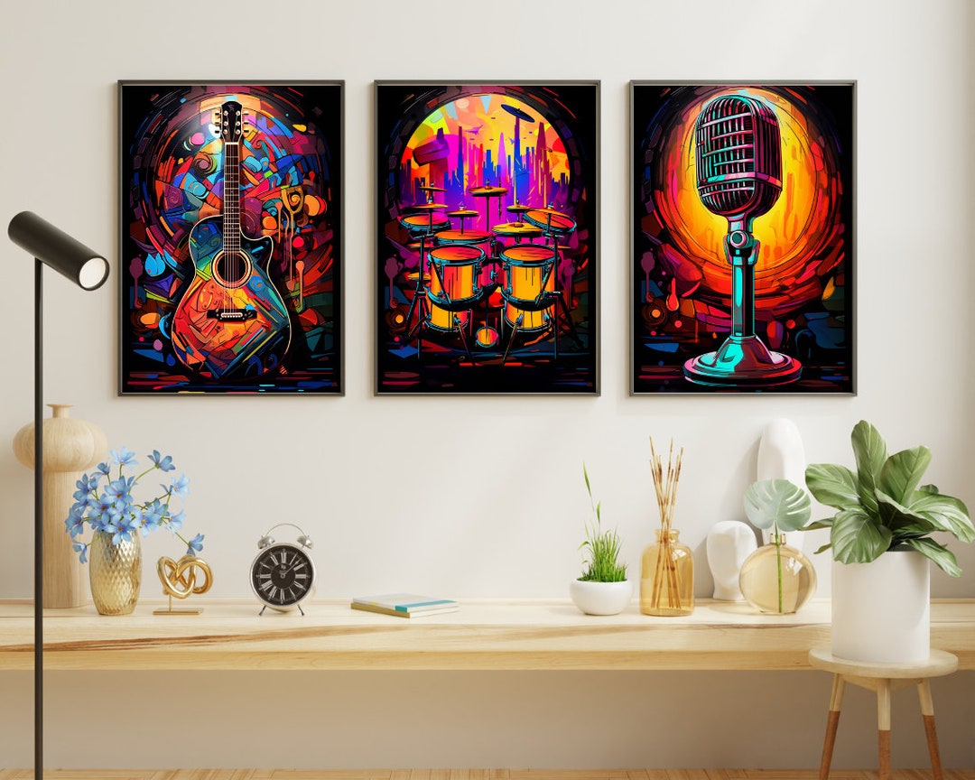 Music Lovers Room Colorful Wall Art Decoration Set , Neon Colored Music