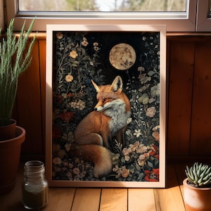 Fox In A Serene Moonlight Floral Vintage William Morris Inspired Oil Painting Poster or Canvas Print, Dark Cottagecore Decor, Dark Academia