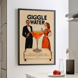 Giggle Water Vintage Cocktail Bar Art Poster or Canvas Print, Retro Cocktail Glass Bar Cart Decor, Old Fashioned Martini Glass Wall Art