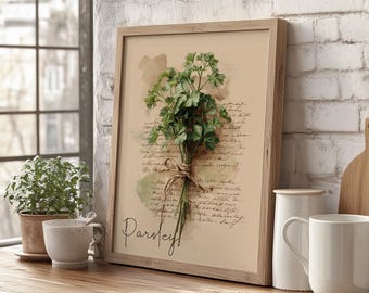 May include: A framed print featuring a watercolor illustration of a parsley bouquet tied with twine. The background is a beige color with handwritten script. The word "Parsley" is written in cursive at the bottom.