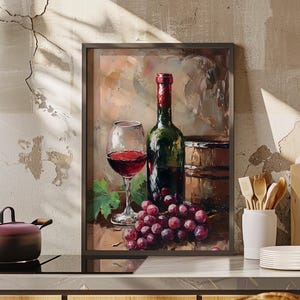 Oil Painting Style Red Wine Wall Art Print or Canvas, Vintage Wine And Grapes Poster, Trendy Restaurant Wall Decor, Gift For Wine Lovers