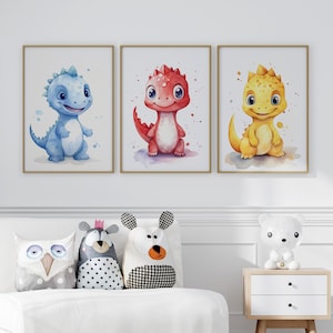 Colorful Dinosaur Wall Art Print or Canvas Set Of 3, Watercolor-Style Dino Jurassic World Poster, Kids Bedroom Perfect Gift For Dino Lover