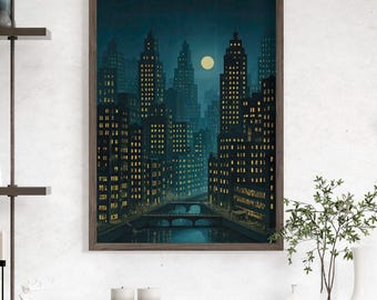 Moonlit Cityscape Wall Art Poster or Canvas Print, Nocturnal Urban Landscape, Gothic Architecture Night Scene, Dark Academia Fantasy Decor