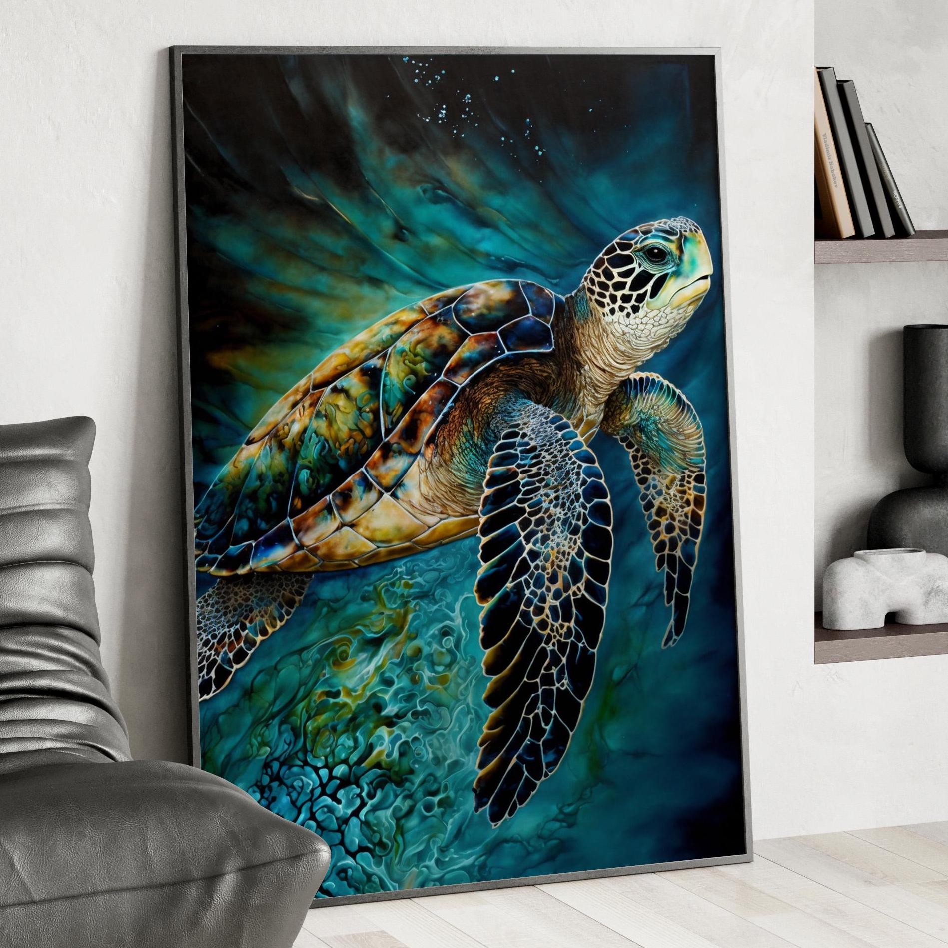 Sea Turtle Nature Wall Art Print or Canvas, Mesmerizing Realistic Ocean Wall Art, Coastal Artwork Poster, Home Office Underwater Marine Life