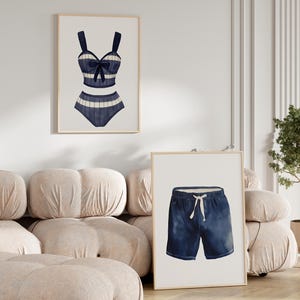 Vintage Navy Blue Swimsuit 2 Piece Set Watercolor Art Prints Poster or Canvas, Striped Beachy Wall Art, Coastal Minimalist Beach House Decor