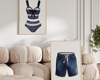 Vintage Navy Blue Swimsuit 2 Piece Set Watercolor Art Prints Poster or Canvas, Striped Beachy Wall Art, Coastal Minimalist Beach House Decor
