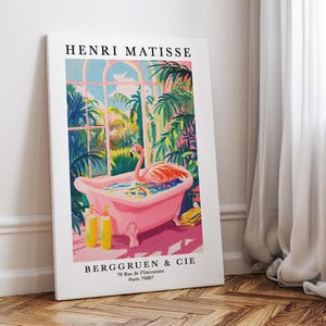 Flamingo in Bathtub Wall Art Poster or Canvas Print, Funny Bathroom Print, Henri Matisse Artwork, Maximalist Animal Decor, Whimsy Bird Print