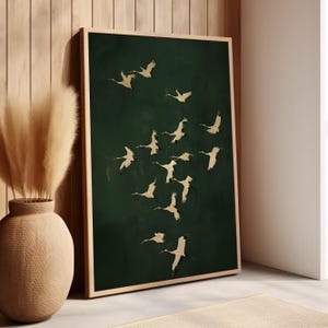 Japanese Cranes in Flight Emerald Green Art Print Canvas or Poster, Cranes Japanese Print, Green and Gold Japanese Vintage Bird Wall Art