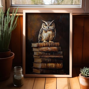 Owl on Books Vintage Oil Painting Poster or Canvas Print, Rustic Reading Nook Decor, Antique Library Wall Art, Bird Print Book Lover Gift