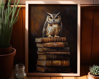 Owl on Books Vintage Oil Painting Poster or Canvas Print, Rustic Reading Nook Decor, Antique Library Wall Art, Bird Print Book Lover Gift