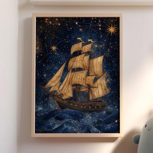 Ancient Sailing Ship in the Sea of Stars Poster or Canvas Print, Celestial Ship, Vintage Pirate Ship Blue and Gold Nautical Art Wall Decor