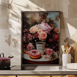 Vintage Coffee and Donut Baroque Style Oil Painting Poster or Canvas Print, Beautiful Flower Bouquet Art Botanical Food Still Life Floral