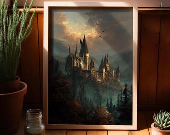 Dark Fantasy Wizard Castle Art Poster or Canvas Print, Enchanted Gothic Wall Decor, Witchy Goblincore Art Print, Magic School Illustration