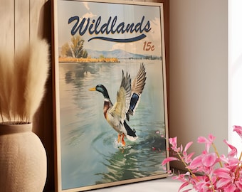 Mallard Duck Retro Wall Art Poster or Canvas Print, Hunting Fishing Print, Vintage Wildlife Art Print, Lake House Wall Decor, Fisherman Gift