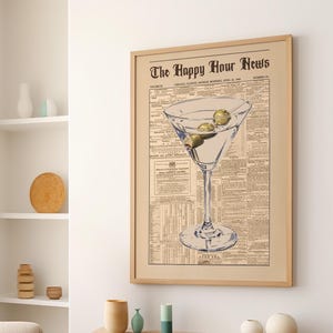 Vintage Newspaper Dirty Martini Cocktail Wall Art Poster or Canvas Print, Happy Hour Trendy Martini Art Print, Vintage Prints for Bar Cart