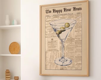Vintage Newspaper Dirty Martini Cocktail Wall Art Poster or Canvas Print, Happy Hour Trendy Martini Art Print, Vintage Prints for Bar Cart