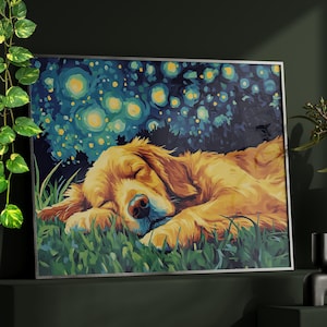 Sleeping Golden Retriever Dog Van Gogh Inspired Painting Poster or Canvas Print, Abstract Whimsical Starry Night Sky Art, Kids Room Decor