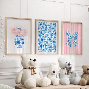 Blue Floral Patterns Floral Jar And Bow Art Poster or Canvas Print Set of 3, Love Shack Fancy Wall Prints Blue Ribbon Retro Girls Room Decor