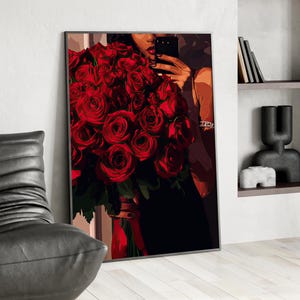 Black Woman with a Huge Red Roses Bouquet Realistic Vector Art Print Poster or Canvas, Red Flowers Black Woman Wall Art, Floral Portrait