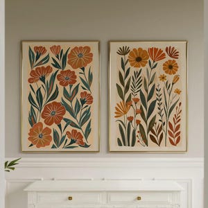 Modern Boho Abstract Flower Set of 2 Wall Art Poster or Canvas Print, Abstract Wild Flower Nature Floral Art Print, Botanical Illustration