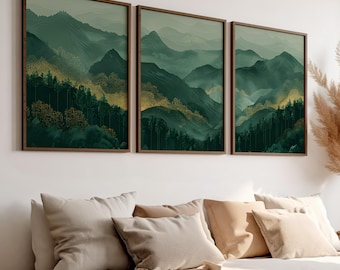 Set of 3 Sage Green Mountain Wall Art Print or Canvas, Watercolor Mountain Eco Landscape, Abstract Nature, Modern Minimal Decor Pine Forest