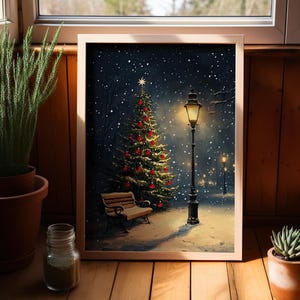 Christmas Tree by Bench Under Street Lamps Poster or Canvas Print, Snowfall Night Scene Print, Whimsical Christmas Dark Starry Night Sky Art