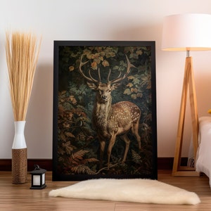 Country Deer William Morris Wall Art Print, Vintage Animal Buck Gift For Him in Cottagecore Dark Academia Decor Style, Mid Century Botanical