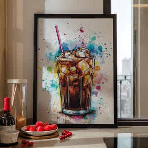 Iced Coffee Colorful Watercolor Art Poster or Canvas Print, Coffee Lover Gift, Coffee Cup Steam Print, Colorful Summer Cup, Coffe Lover Gift