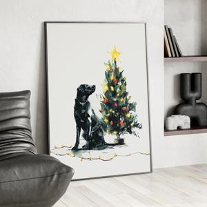 Black Labrador Christmas Tree Wall Art Poster or Canvas Print, Holiday Dog Decor, Watercolor Labrador Print, Festive Pet Art, Dog Lover Gift