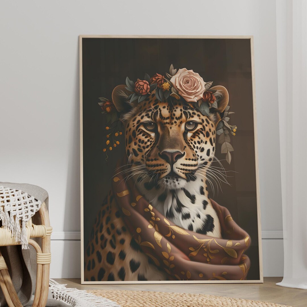 Royal Leopard Portrait With Flowers and Silk Vintage Oil Painting Art ...