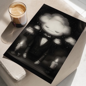 May include: A black and white illustration of a cloud wearing a tuxedo and standing in front of a table with lit candles. The cloud has a sad expression and is surrounded by smaller clouds.