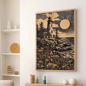 Lighthouse on Rocky Shore Botanical Floral Dark Art Print Poster or Canvas, Minimalist Lighthouse Print, Cottagecore Decor, Beach House Art