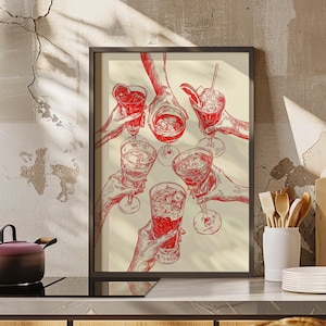 Red Cocktail Toast Modern Minimalist Cocktail Poster or Canvas Print, Trendy Bar Cart Art Decor Print, Cocktail Retro Dorm Martini Art Print