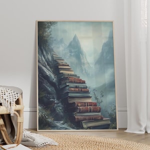 May include: A digital illustration of a staircase made of books leading up a mountain range. The books are stacked in a winding path, with the tops of the books forming the steps. The mountain range is in the background, with a misty, blue sky.