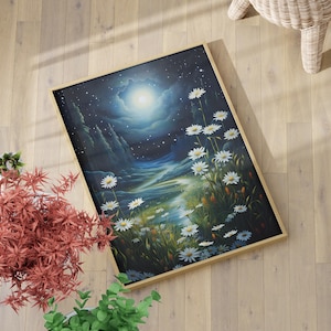 Beautiful Night and Flowering Field Mystical Scenic View Wall Art Print or Canvas, Botanical And Astronomical Themed Girls Room Wall Decor