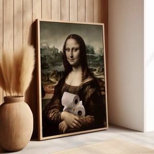 Mona Lisa Altered Funny Bathroom Decor Poster Print or Canvas, Mona Lisa Holding Toilet Tissue Paper Rolls, Classical Humorous Toilet Print
