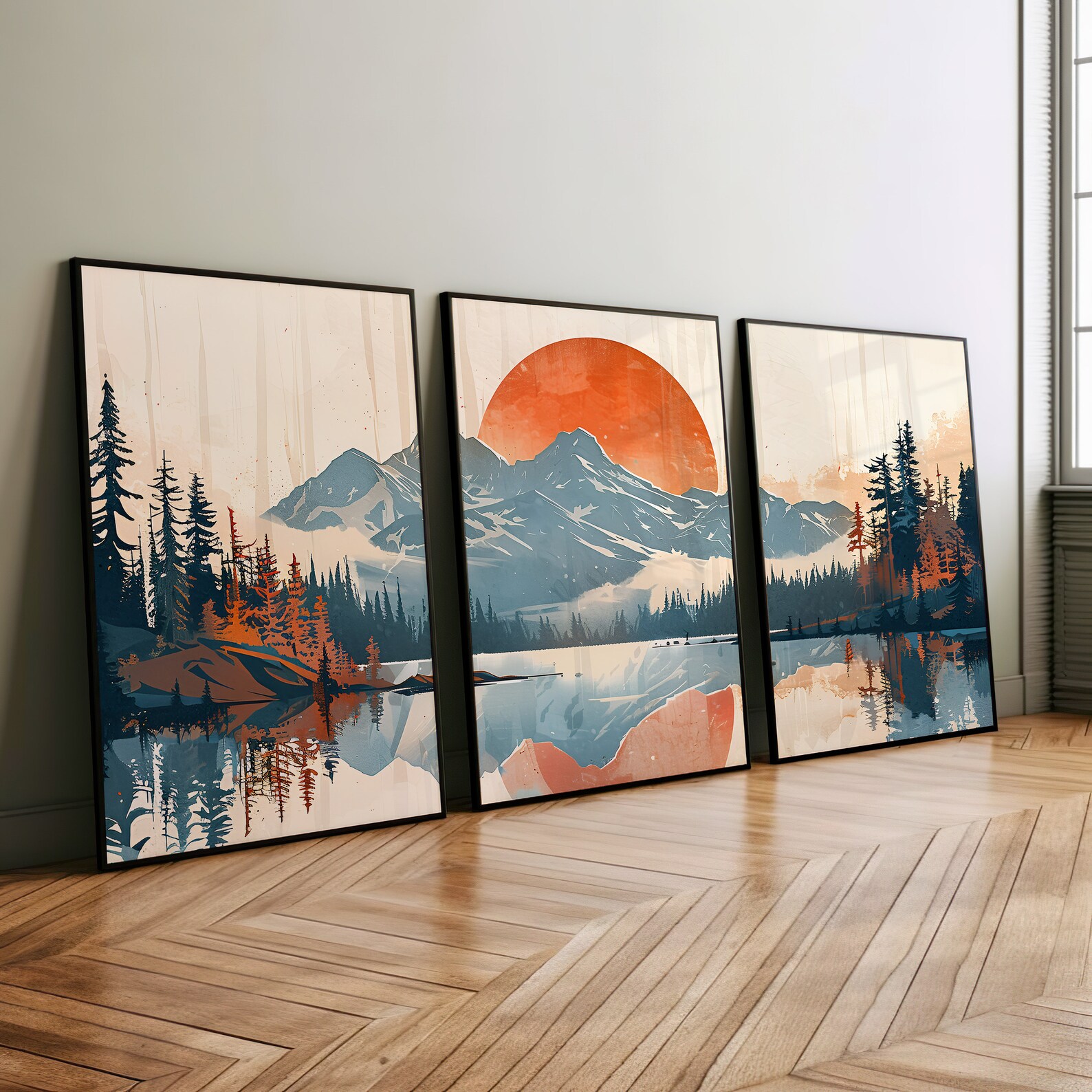 Watercolor Mountain Landscape Lake Sun 3 Piece Set Poster or Canvas ...