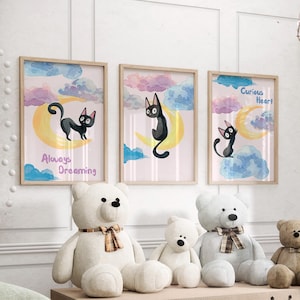 Watercolor Black Cat on Crescent Moon and Cloud Nursery Art Print or Canvas Set of 3, Magical Celestial Dreamy Kitten New Baby Gift Poster