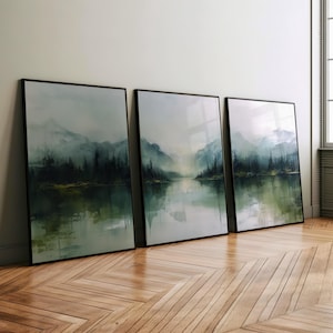 Emerald Green Mountain Forest Lake Landscape Set of 3 Abstract Painting Poster or Canvas Print, Foggy Landscape Art, Moody Nature Wall Art