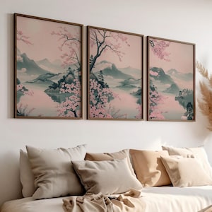 Pink Sakura Blossoms Tranquil Lake and Mountains 3 Piece Set Poster or Canvas Print, Pink Blooms Japanese Art, Cherry Blossom Branch Print