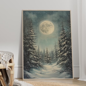 Zauberhafter Winterwald unter Mondlicht Gemälde Poster oder Leinwanddruck, Schneelandschaft Vollmond Wunderlicher Sternenhimmel Gemütliches Dekor